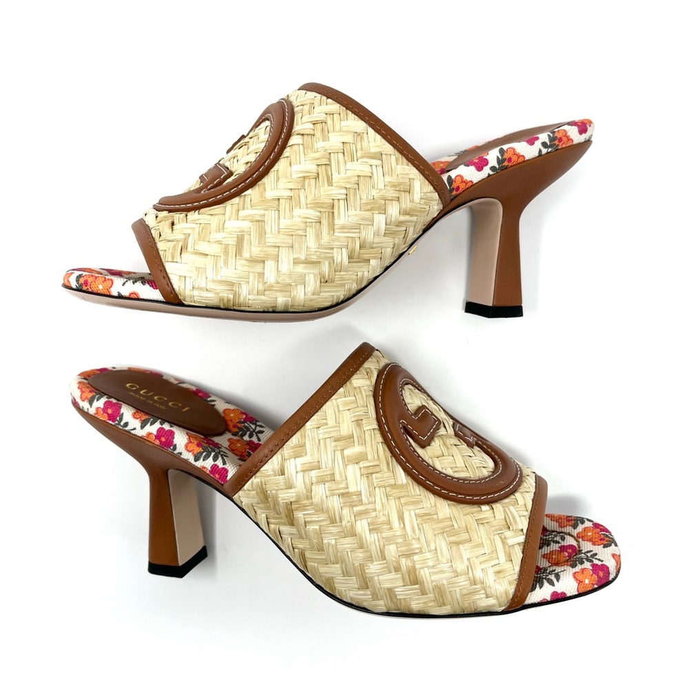 Gucci Mabel Interlocking GG Logo Raffia Sandals Slides Mules Heels Brown 37 7 - Picture 6 of 12